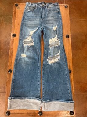 Lucky & Blessed Distressed Wide-Leg Jeans in Light Blue